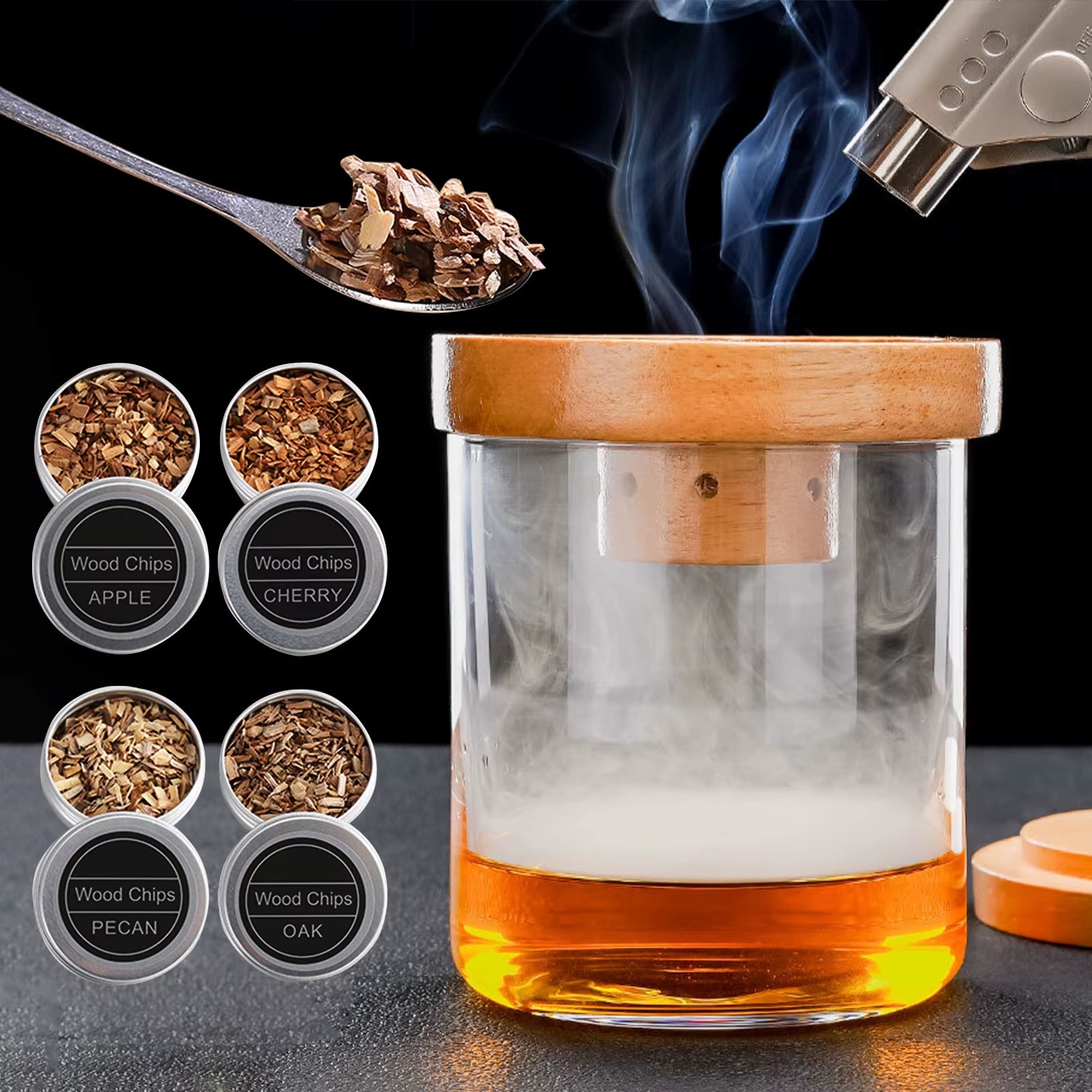 Cocktail Smoker Kit,Smoking Set with 4 Wood Chips,Old Fashioned Whiskey Smoker Drinks Kit,Cocktail Accessories for Whiskey,Drink
