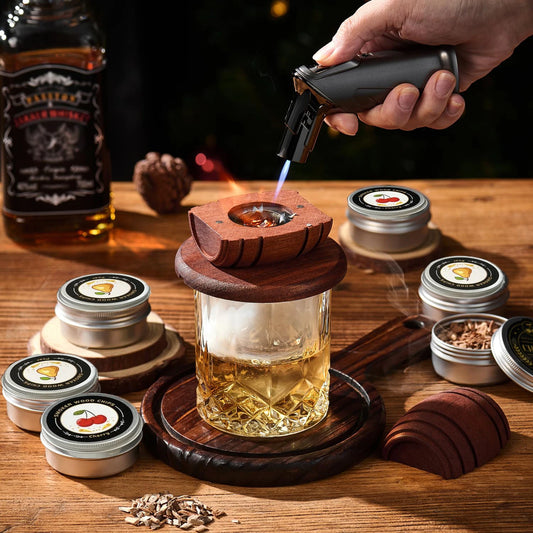 Cocktail Smoker Kit with Apple Cherry Oak Pecan Wood Chips Whiskey Wooden Smoked Wood Hood Smoker for Bar Drinks Kitchen Tools