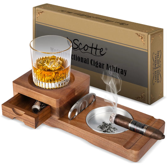 Cigar Ashtray for Men, Whiskey Glass Tray, Wooden Ash Tray, Cigar Cutter, Include Drawer, Cigar Slot, Accessories