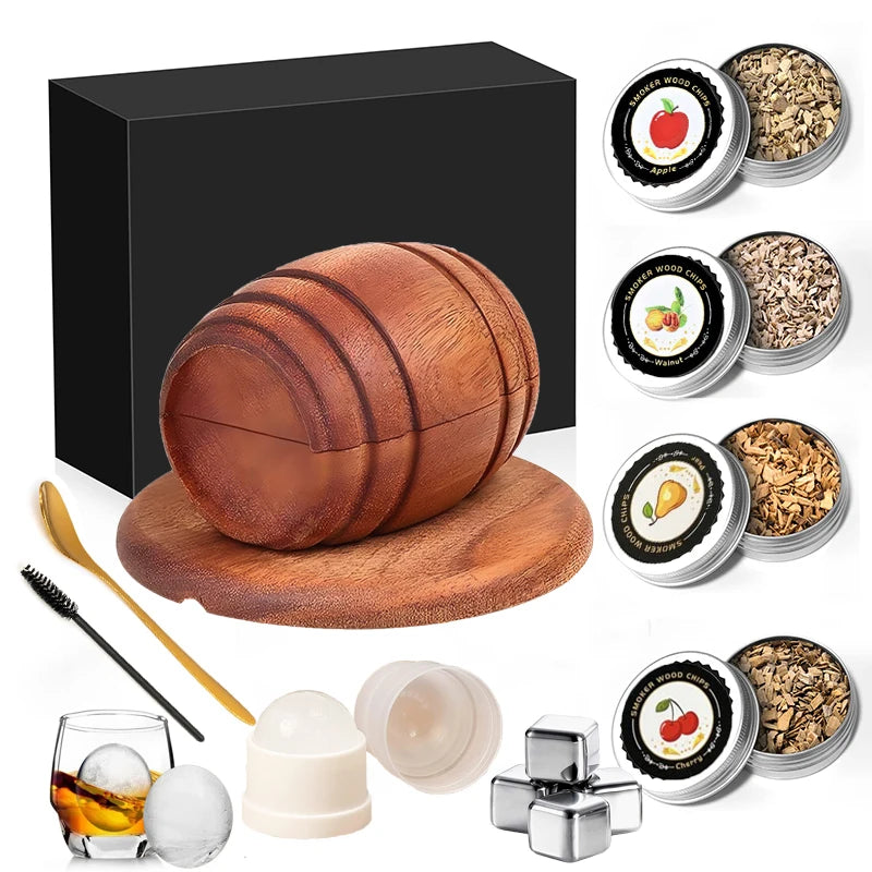 Cocktail Smoker Kit with Apple Cherry Oak Pecan Wood Chips Whiskey Wooden Smoked Wood Hood Smoker for Bar Drinks Kitchen Tools